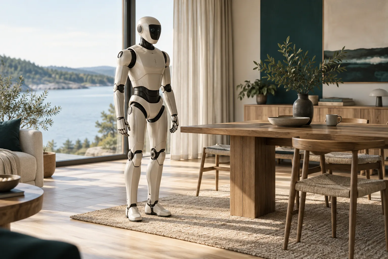 AI-illustration av en påhittad humanoid robot i ett ljust hem